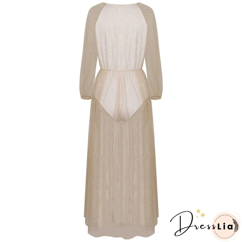 Gitter Sequins Deep Plunge Tie Waist Long Sleeve Sheer Mesh Dress