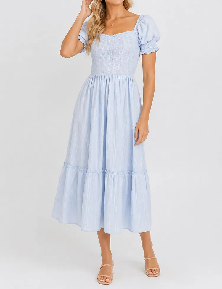 Ladies Romantic Dobby Textured Puff Sleeves Smocked Midi Dress