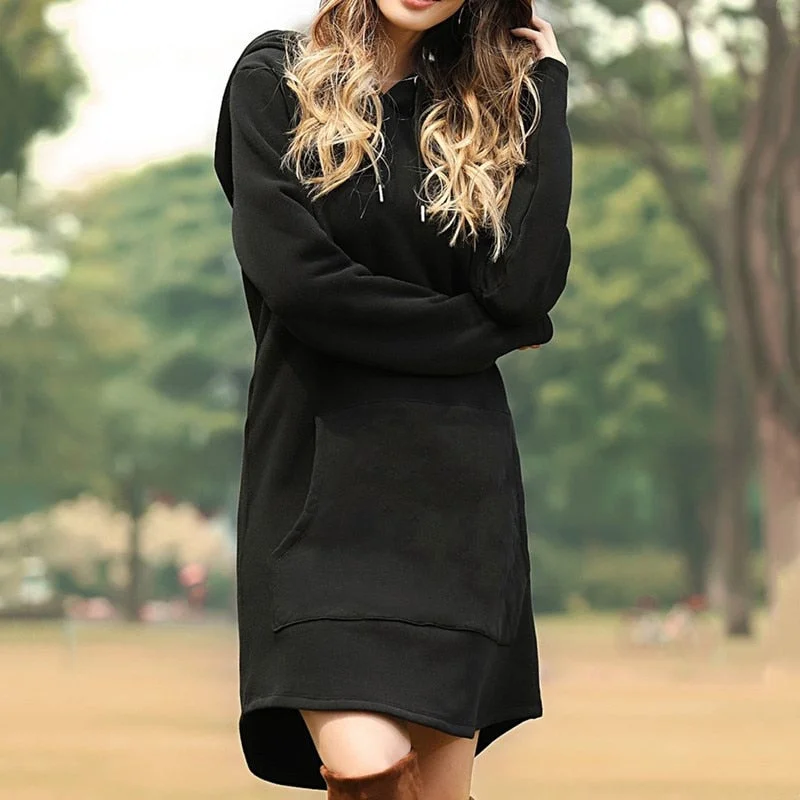 2021 Women's Solid Color Long Hoodies Fashion Girl's Loose Hoodies Dresses Korean Style Casual Long Sleeve Hooded Sweatshirts