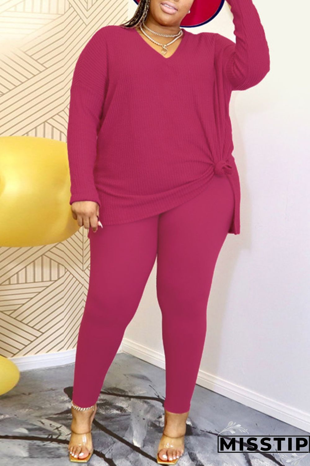 Rose Red Casual Solid Patchwork Slit V Neck Plus Size Two Pieces