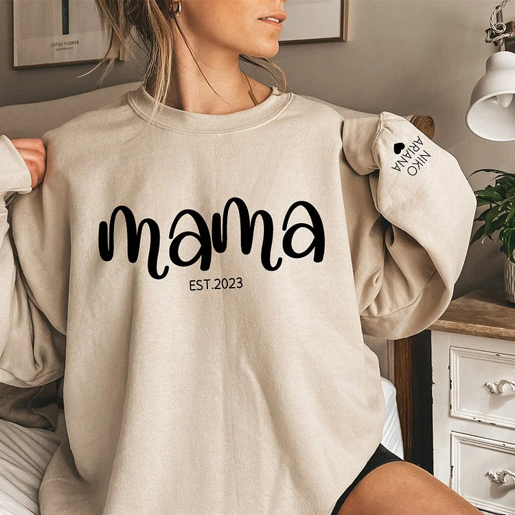 Custom Chest Text Est Year Mama Sweatshirt, Custom Mother's Day Sweatshirt, with Children's Names on the Sleeve