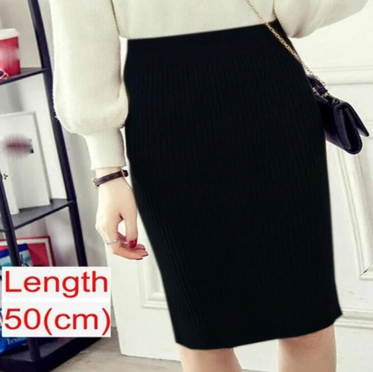 Women Knitted Pencil Skirts Slim Solid Basic Ladies Office High Waist Elegant Midi Skirt 2020 Autumn Winter Warm Womens Skirts