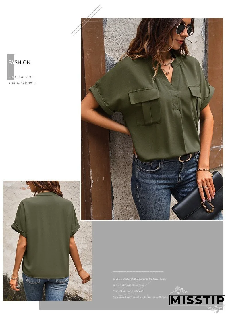 Solid Color V-neck Pocket Short-sleeved Shirt 22982116