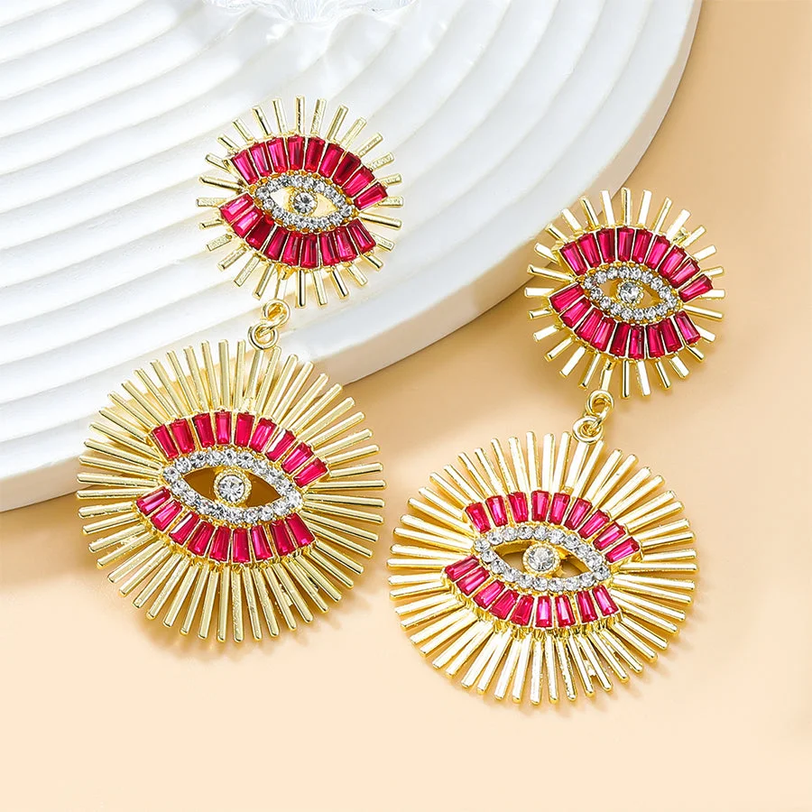 Exaggerated Devil Eye Design Earrings with Pink Rhinestones