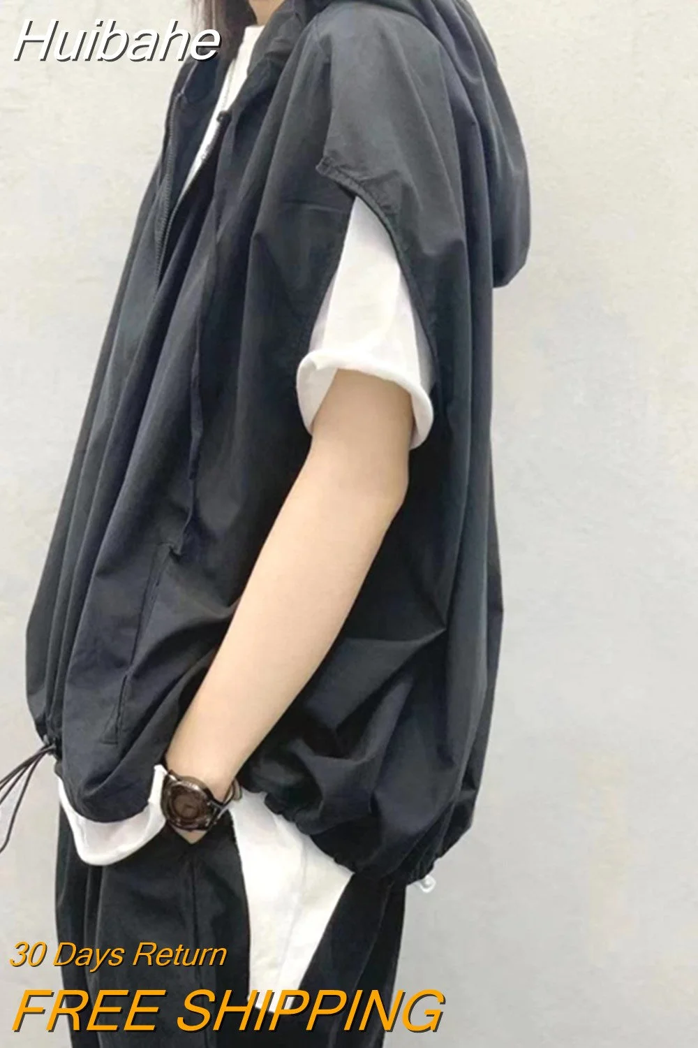 Huibahe Harajuku Hooded Sleeveless Cardigan Women Vintage Hip Hop Zipper Oversized Cargo Vest Japan Style Casual Thin Jackets