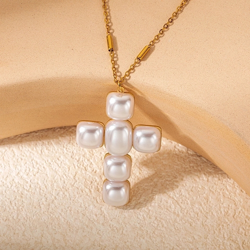 Elegant Sweet Streetwear Cross 304 Stainless Steel Pearl 14K Gold Plated Plating Inlay Pendant Necklace