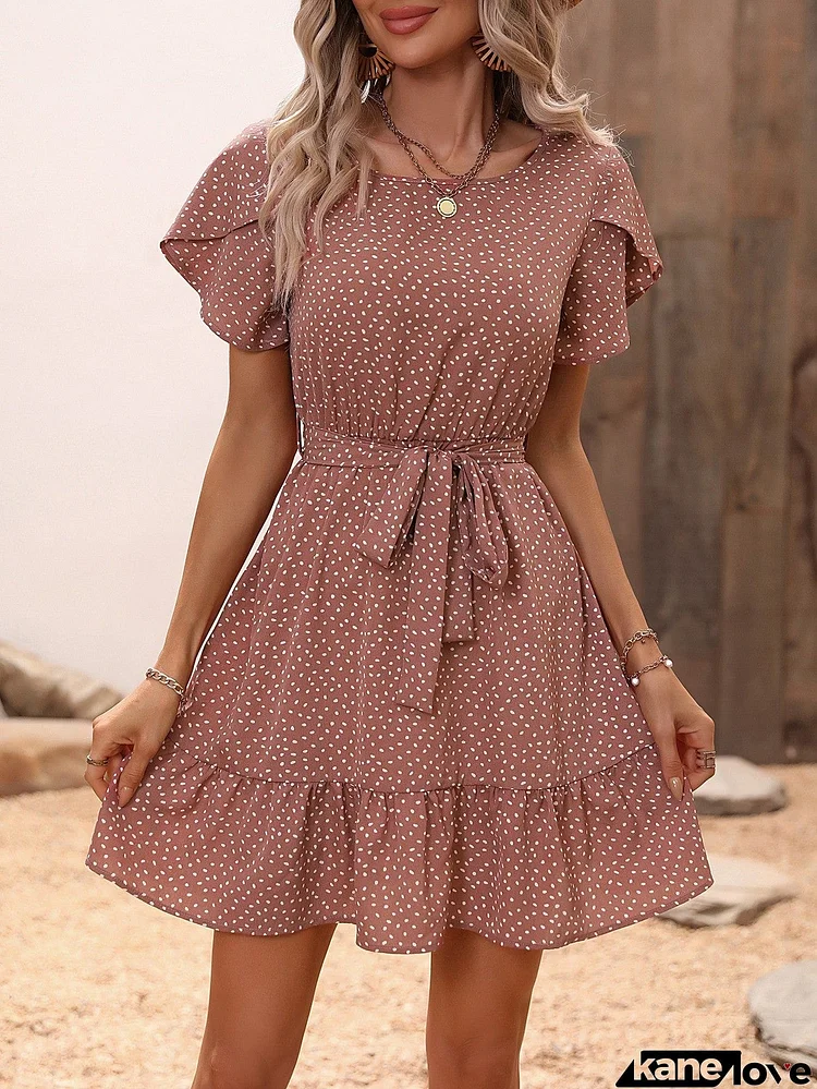 Printed Tie-Waist Petal Sleeve Ruffle Hem Dress