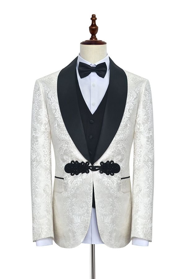 Three Piece White Jacquard Knitted Button Black Shawl Lapel Wedding Tuxedo for Men | Ballbellas Ballbellas