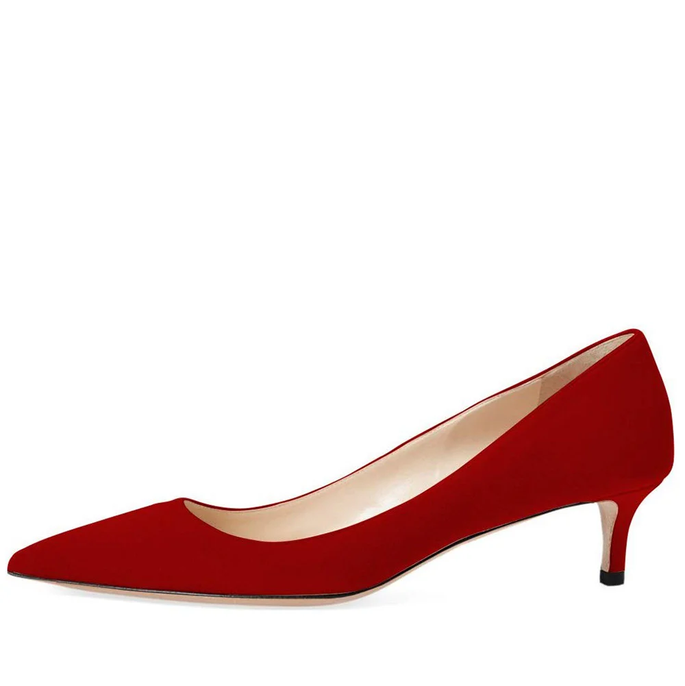 Faux Suede Pointed Toe Classy Red Pumps with Classic Kitten Heel 
