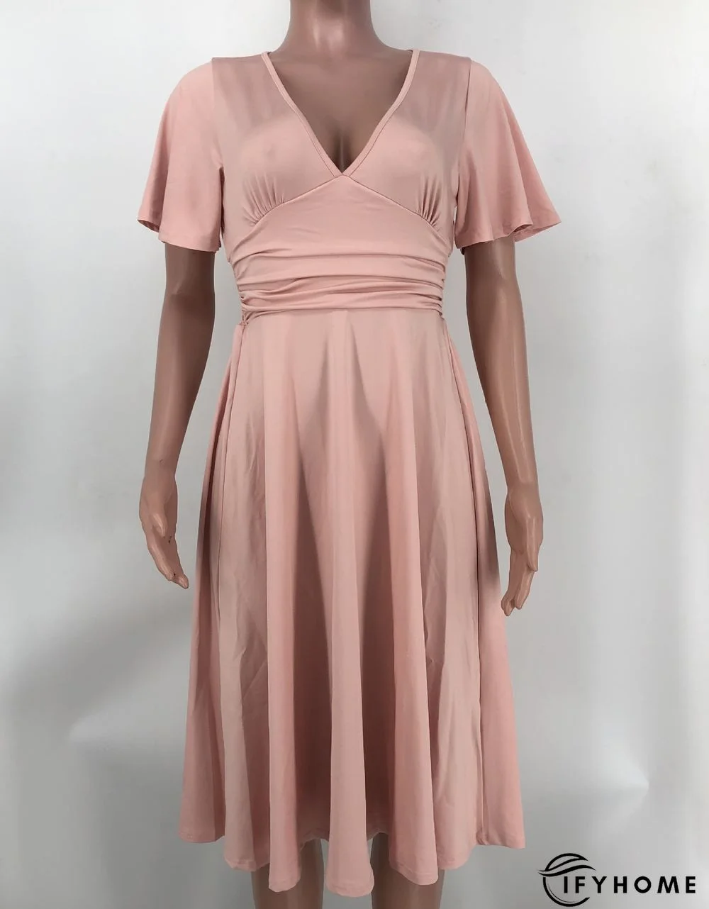 Fashion Solid Color V-neck Short-sleeved Waist Pleated Dress | IFYHOME