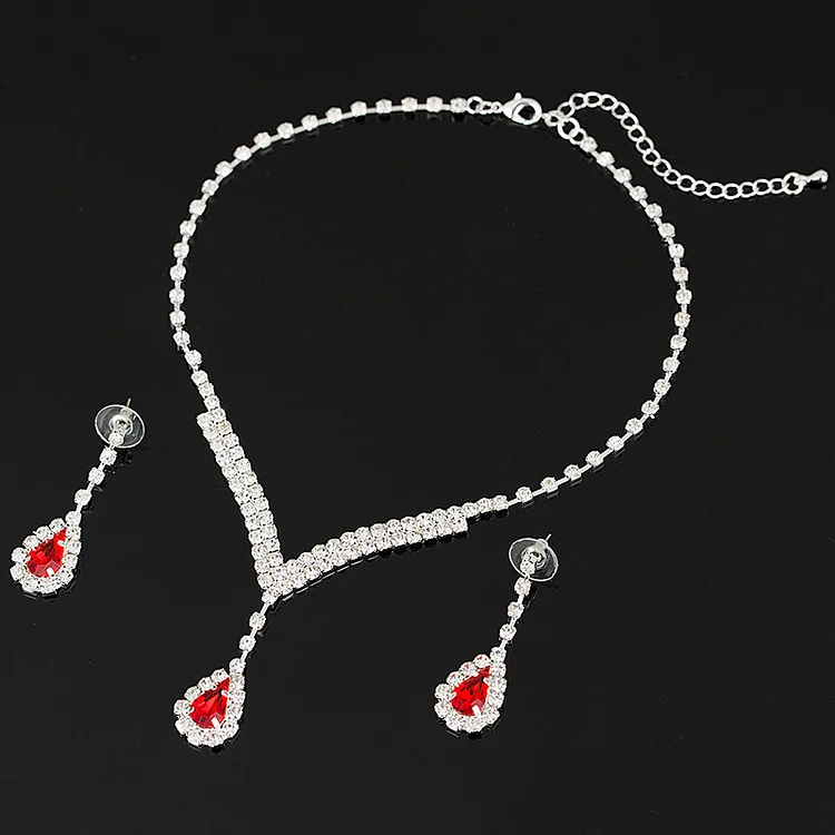 Wedding Red Jewel Diamond Necklace Earrings Two Piece Set  Flycurvy [product_label]