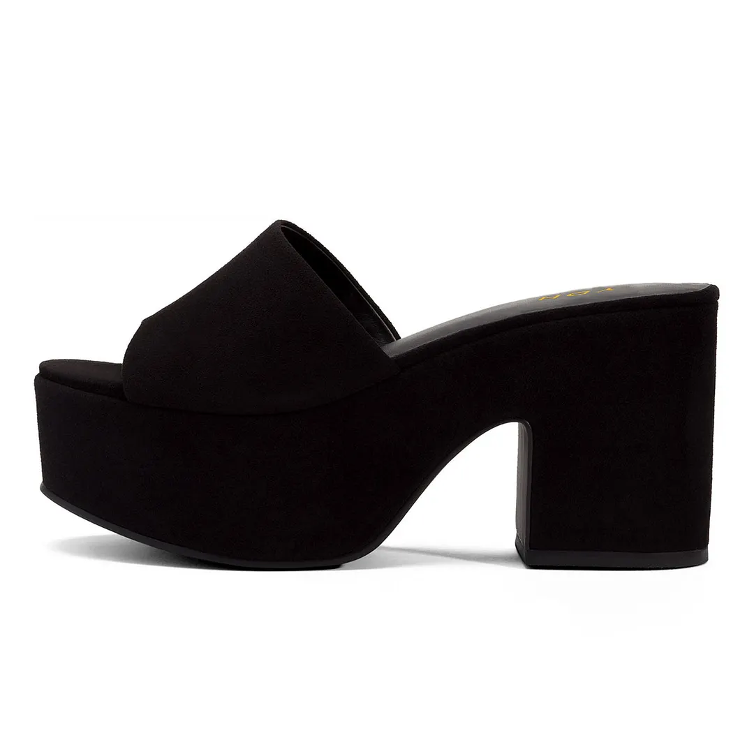 YDN Simple Black Vegan Suede Open Toe Platform Chunky Heeled Mules