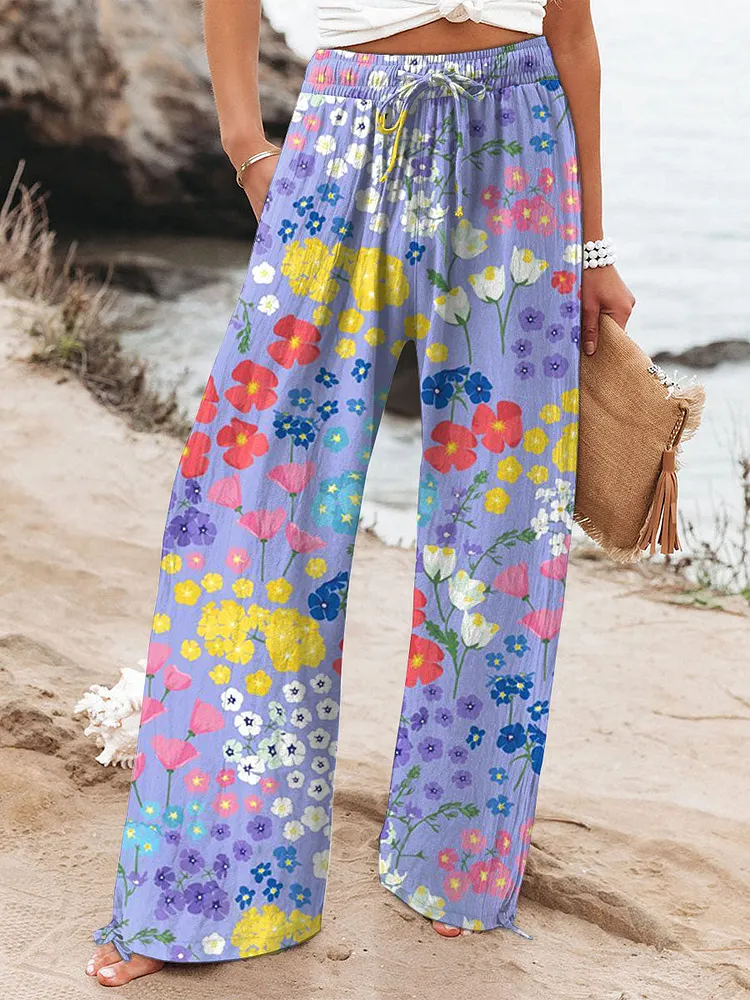 Women's  Vintage Flowers Art  Printed Cotton And Linen Casual Pants