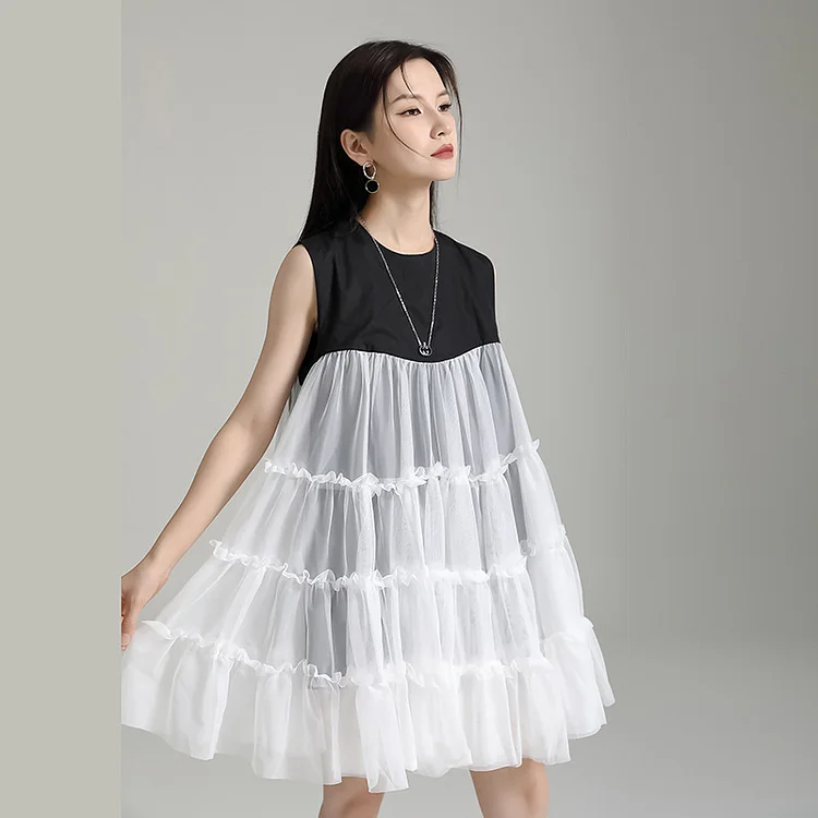 Kawaii Fake Two Piece Mesh Splicing Mini Dress