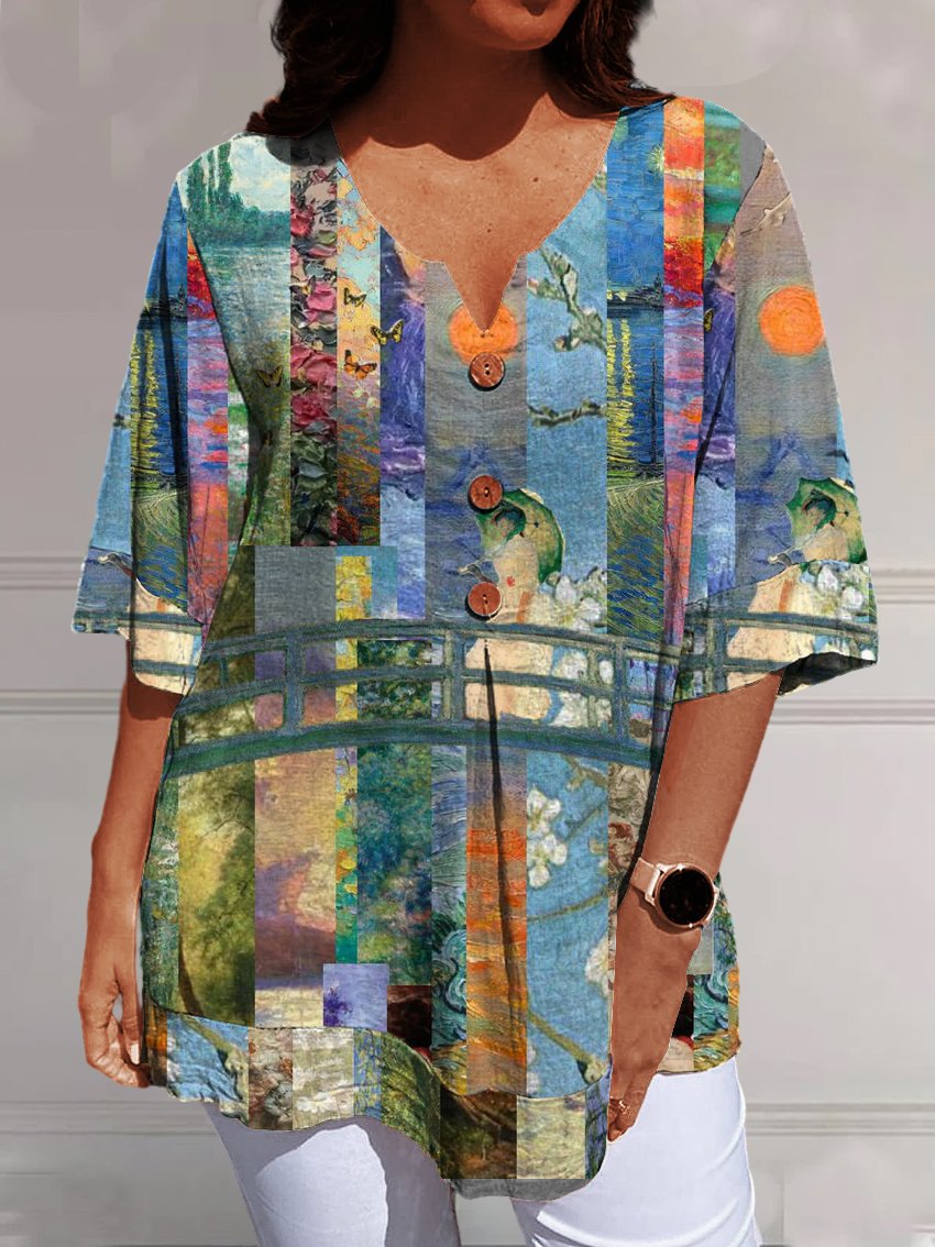 Women's Spliced Oil Painting Printing Casual V-neck Shirt