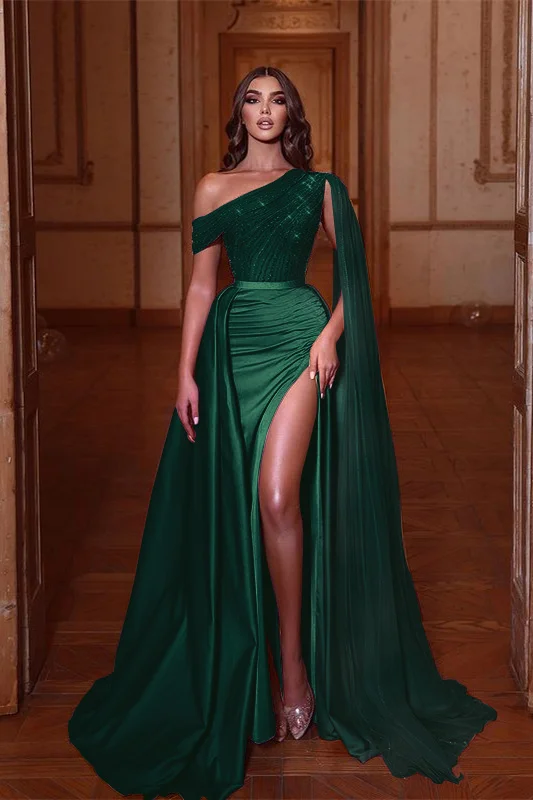 Miabel Lilac One-Shoulder Mermaid Beadings Prom Dress Split With Ruffles