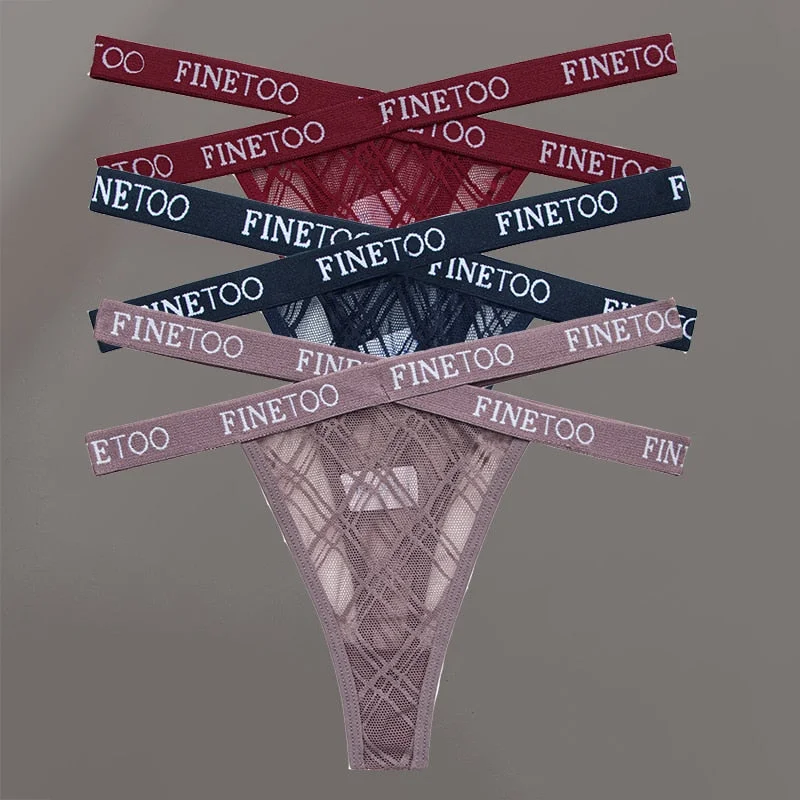 FINETOO 3PCS/Set Women's Letter Lace Mesh G-string Sexy Cross Strap Panties Midi Waist Underwear Thongs Femme Hollow Out Panties