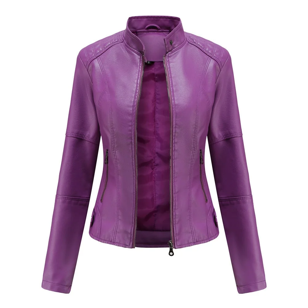 Slim-fit Stand-collar Leather Jacket Woman Biker Jacket