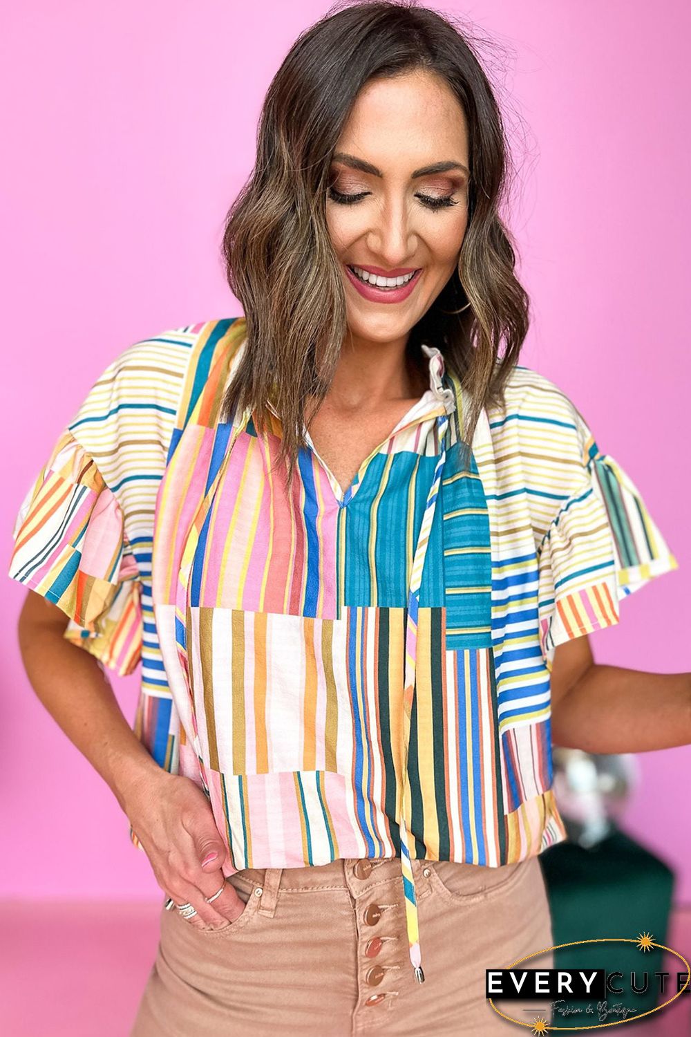 Multicolor Striped Printed Ruffle Short Sleeve Blouse