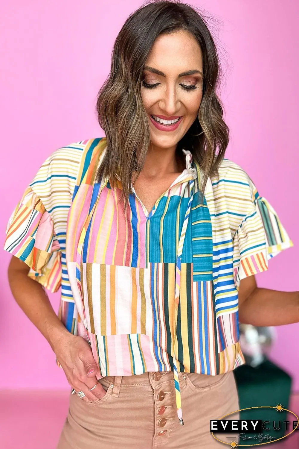 Multicolor Striped Printed Ruffle Short Sleeve Blouse
