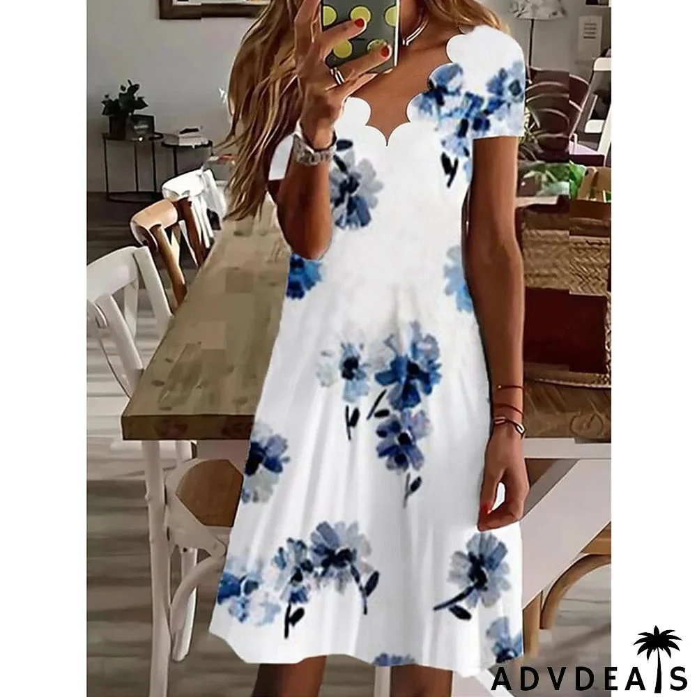 Women's Casual Dress Shift Dress Midi Dress White Navy Blue Blue Short Sleeve Floral Print Spring Summer V Neck Vacation 2024 S M L XL XXL 3XL