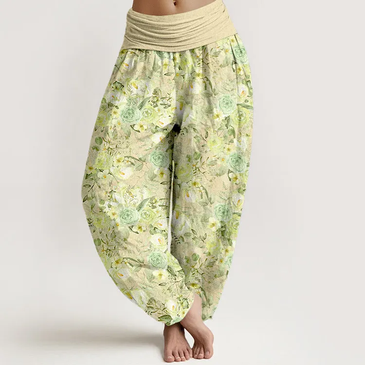Cotton Pastoral Flower Pattern Women's Elastic Waist Harem Pants