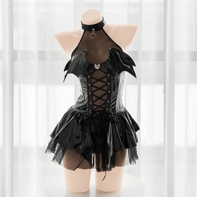 Anime Devil Girl Lolita Leather Halter Mesh Cosplay Dress Lingerie SP17883