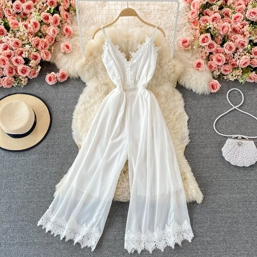 Toloer Summer Women Lace Chiffon Romper White Sexy V-Neck Sleeveless Wide Leg Hollow Out Spaghetti Strap Party Beach Jumpsuits Female