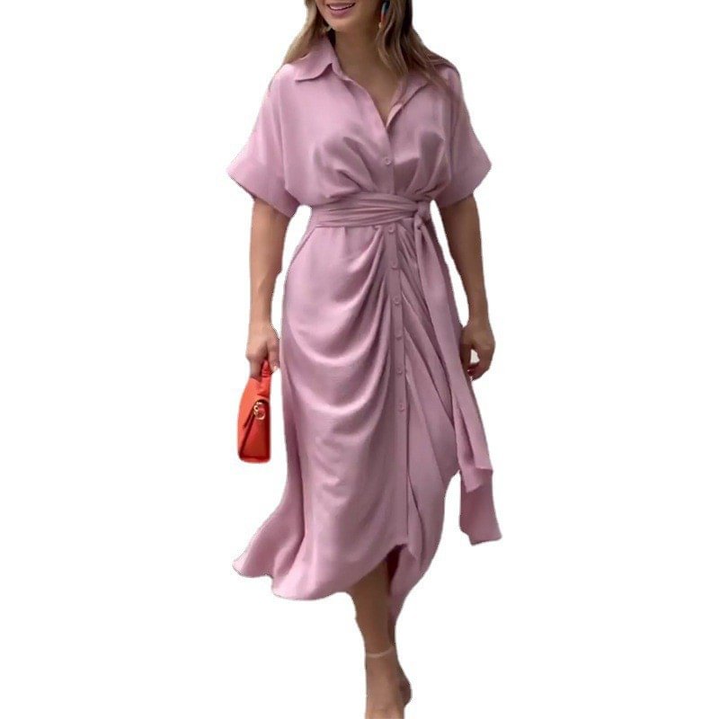 Lapel Mid Length Short Sleeve Single Breasted High Waist Shirt Dress | EGEMISS