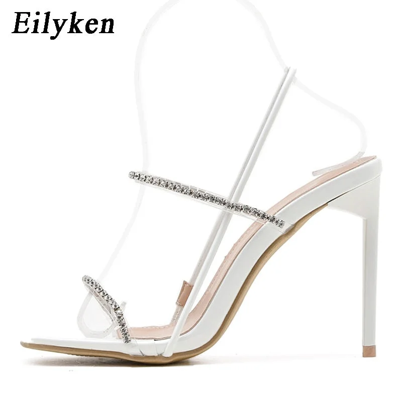 Eilyken 2022 New Crystal Rhinestone Sandals Women Summer Square Toe Stiletto High Heels Sexy Fetish Stripper Shoes Female