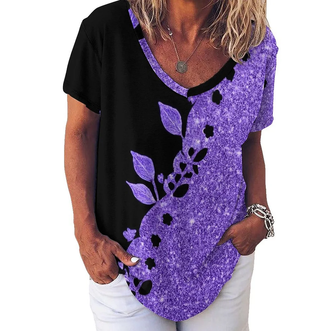 V-neck Short Sleeve Casual T-shirt for  Women Printed with Pattern Purple, Floral, Glitter