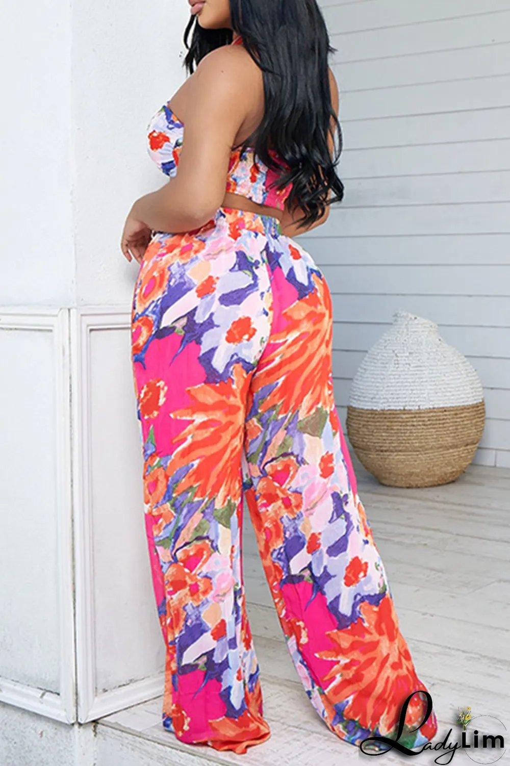 Rose Red Casual Print Patchwork Strapless Sleeveless Two Pieces