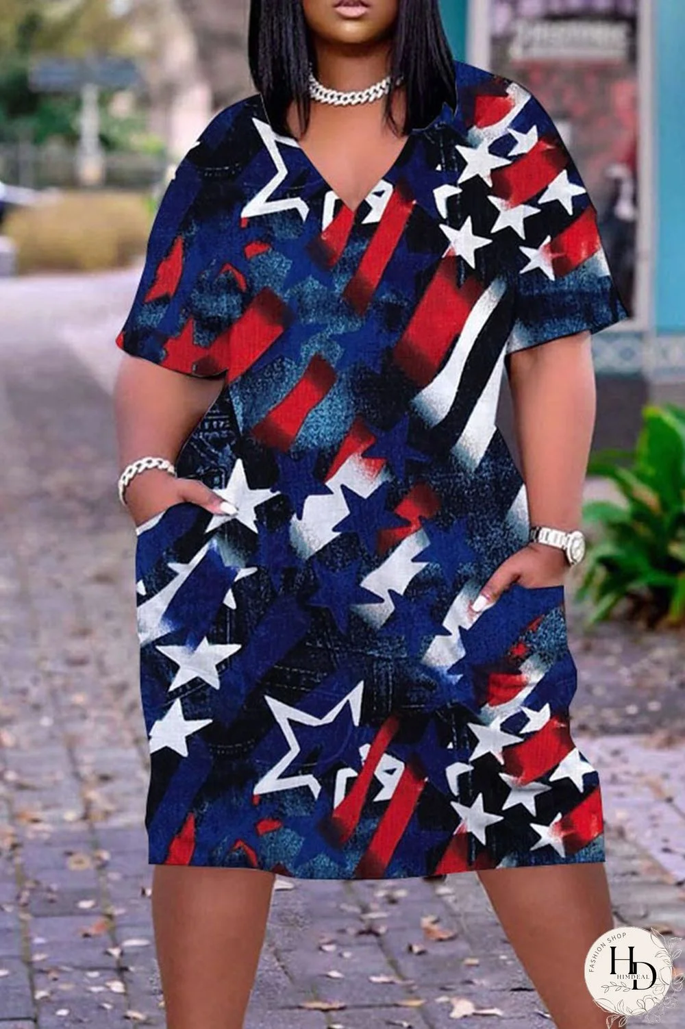 Blue Red Casual Print Patchwork V Neck Dresses