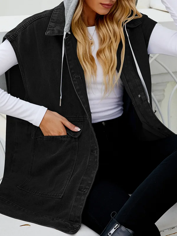 Buttoned Detachable Hooded Pockets Split-Joint Loose Sleeveless Lapel Collar Vest Outerwear