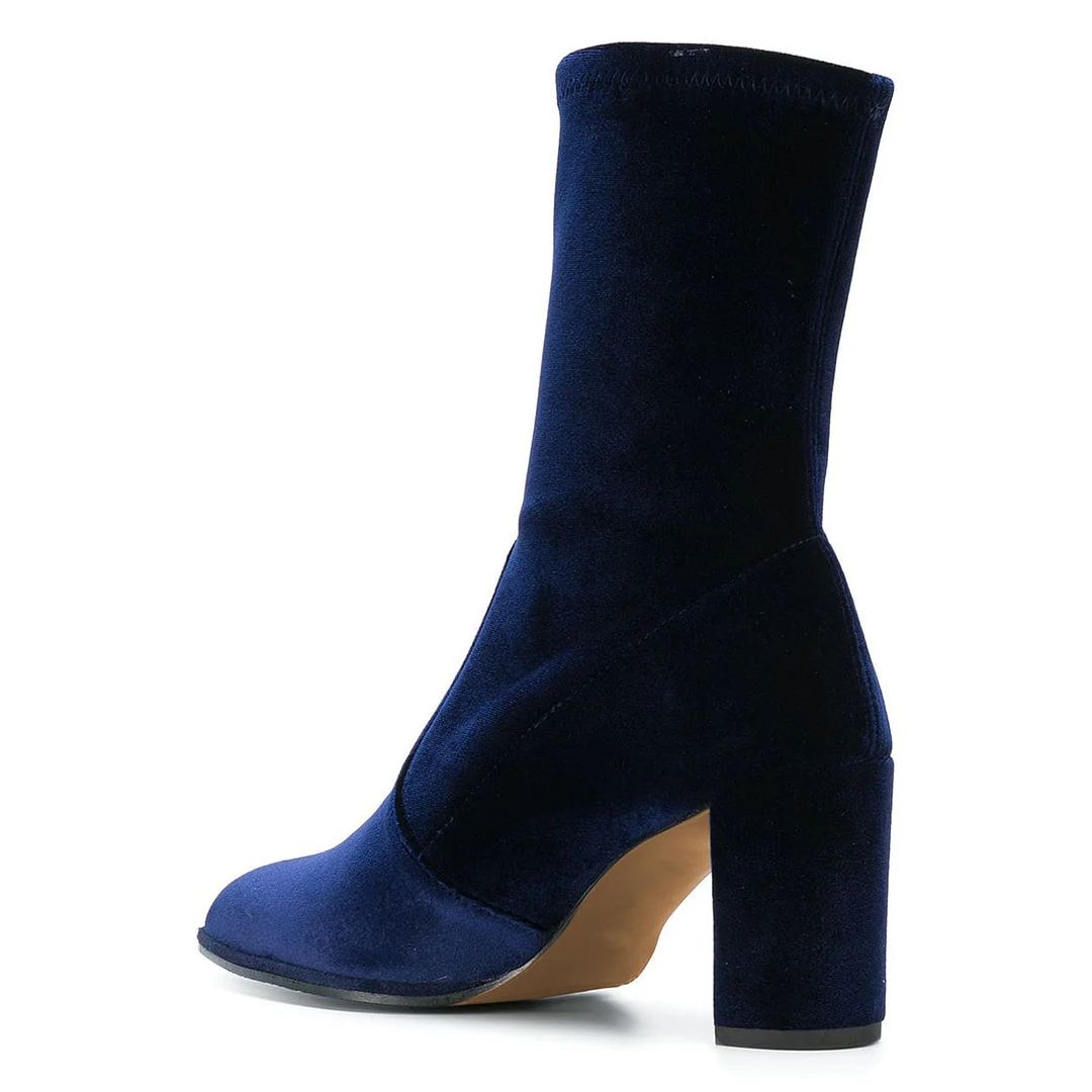 Navy Blue Velvet Pointed Toe Pull-On Block Heel Ankle Boots