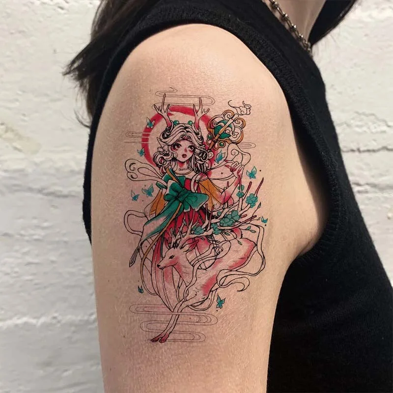 Sdrawing Temporary Tattoo Sticker Anime Cartoon Cute Pink Hair Girl Flower Necklace Fake Tatto Flash Tatoo Art for Women Men