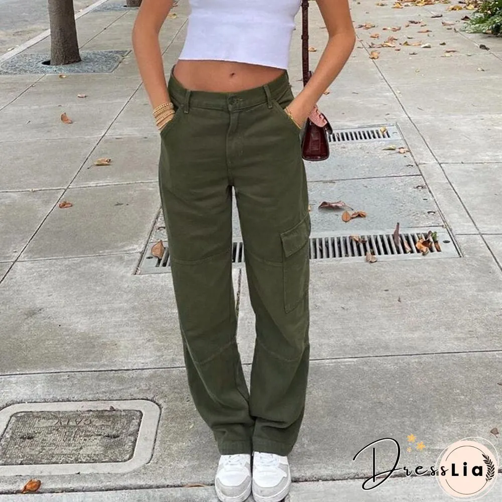 Womens Jeans Cargo Pocket Patchwork High Waist Wide Leg Denim Pants Casual Streetwear