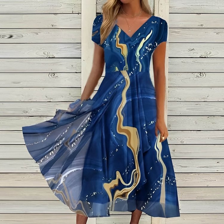 Women's Short Sleeve V Neck Blue Gradient Printed Midi Dress