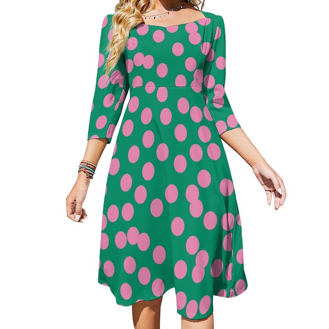 Cute Pink And Green Dots And Spots Pattern Dress Sweetheart Tie Back Flared 3/4 Sleeve Midi Dresses