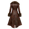 Women's Retro Style Leather Irregular Design Double-Breasted Mid-Length Coat Fur Collar Lapel Jacket Coat by Inlyline