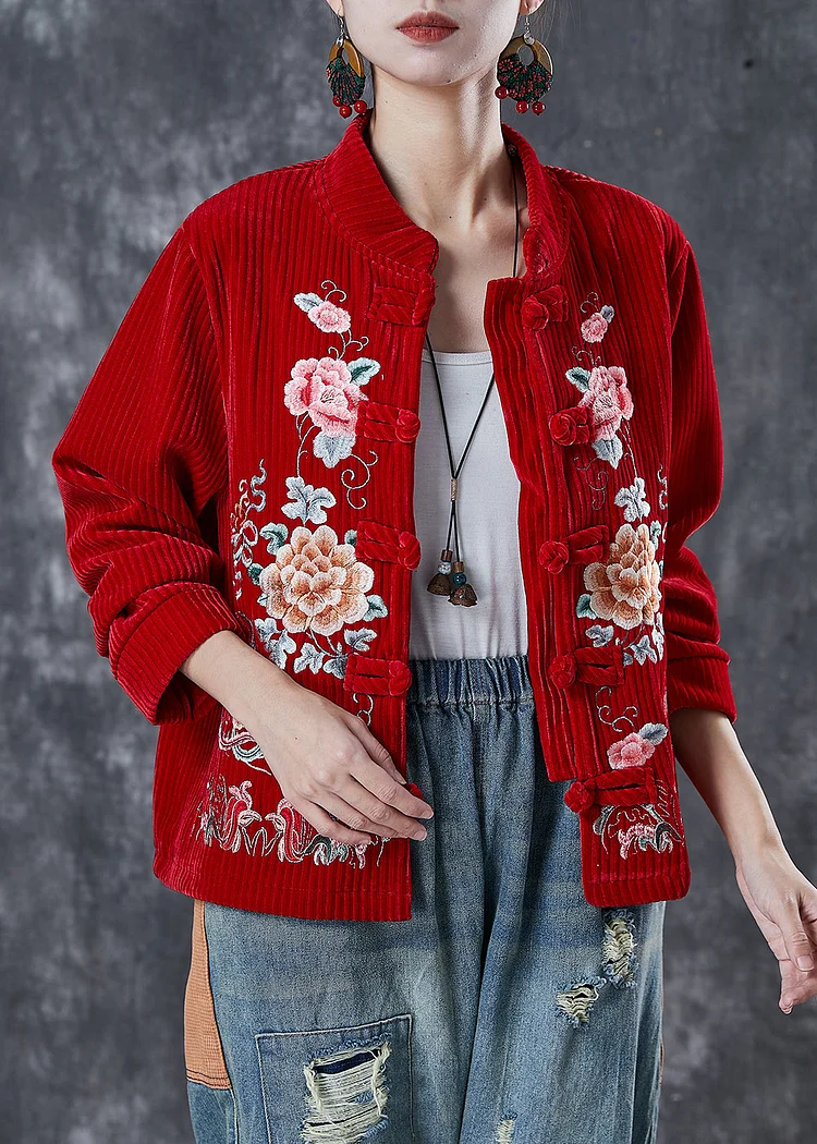 Women Red Embroideried Floral Corduroy Jackets Spring