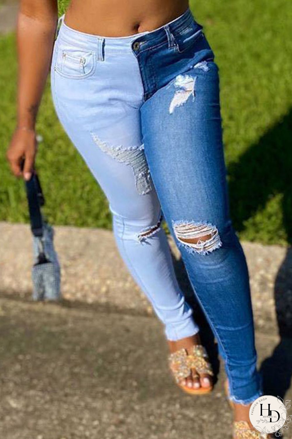 The cowboy blue Casual Color Lump Patchwork Solid Ripped Make Old Pocket Mid Waist Skinny Denim