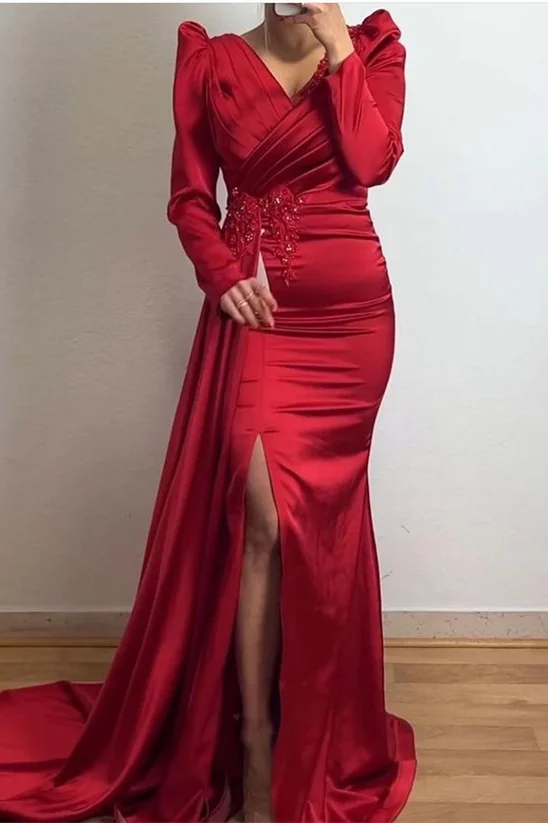 Classy V-Neck Long Sleeves Mermaid Prom Dress Ruffles With Appliques Split - lulusllly