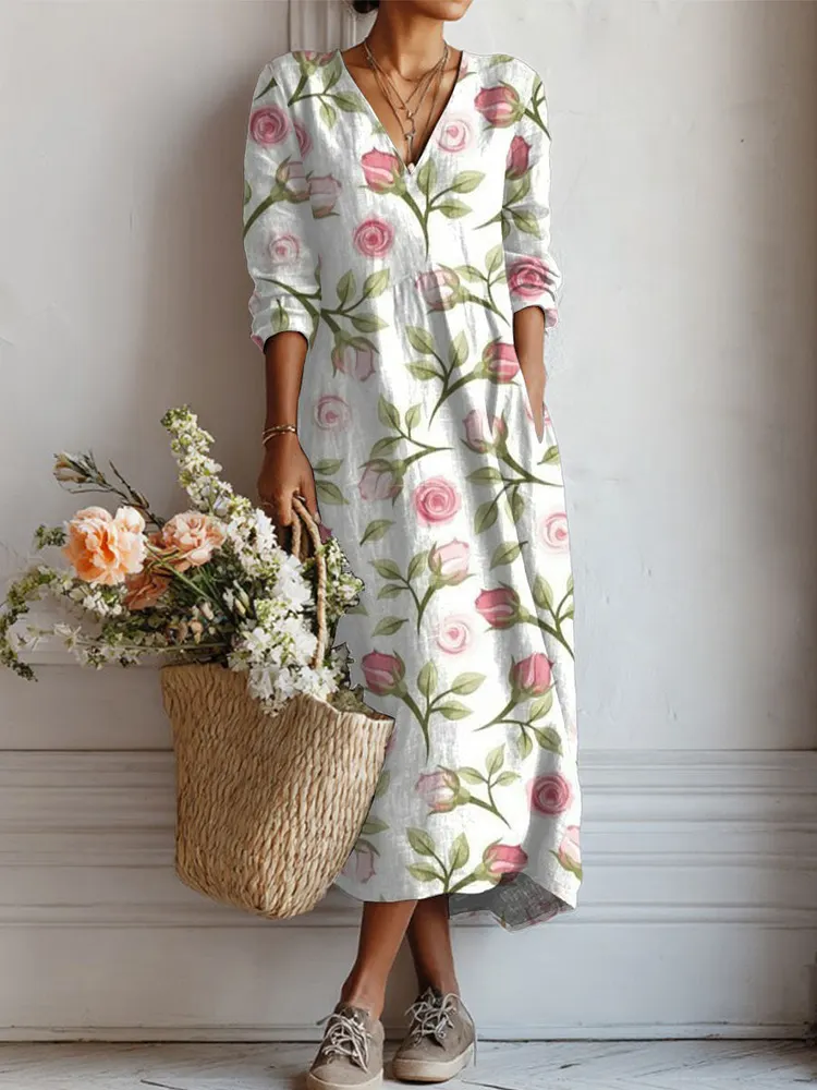 Women's Vintage Flower Art Print Linen Pocket Tunic Dress