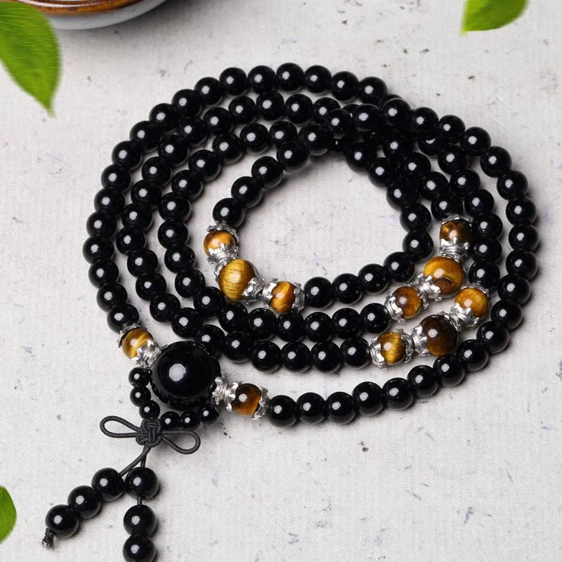 108 Beads Natural Black Obsidian Tiger Eye Mala Necklace Bracelet