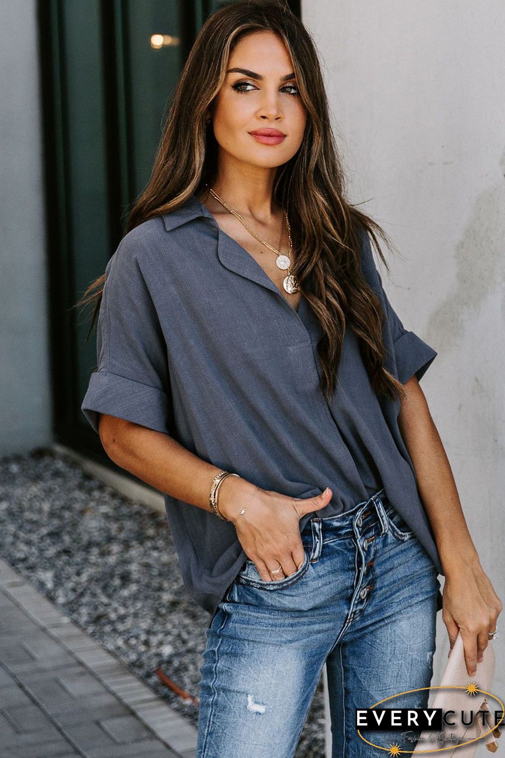 Short Sleeve Button Solid Shirt