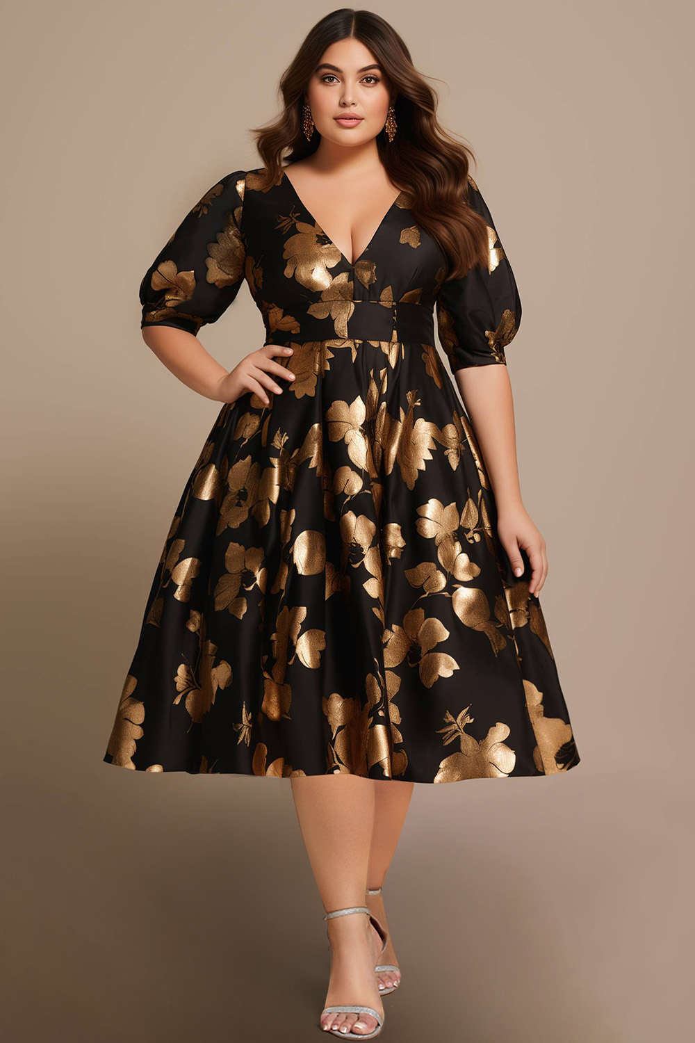 Flycurvy Plus Size Cocktail Gold Floral Print Puff Sleeve Empire Waist Tea-Length Dress 2024 - Flycurvy 