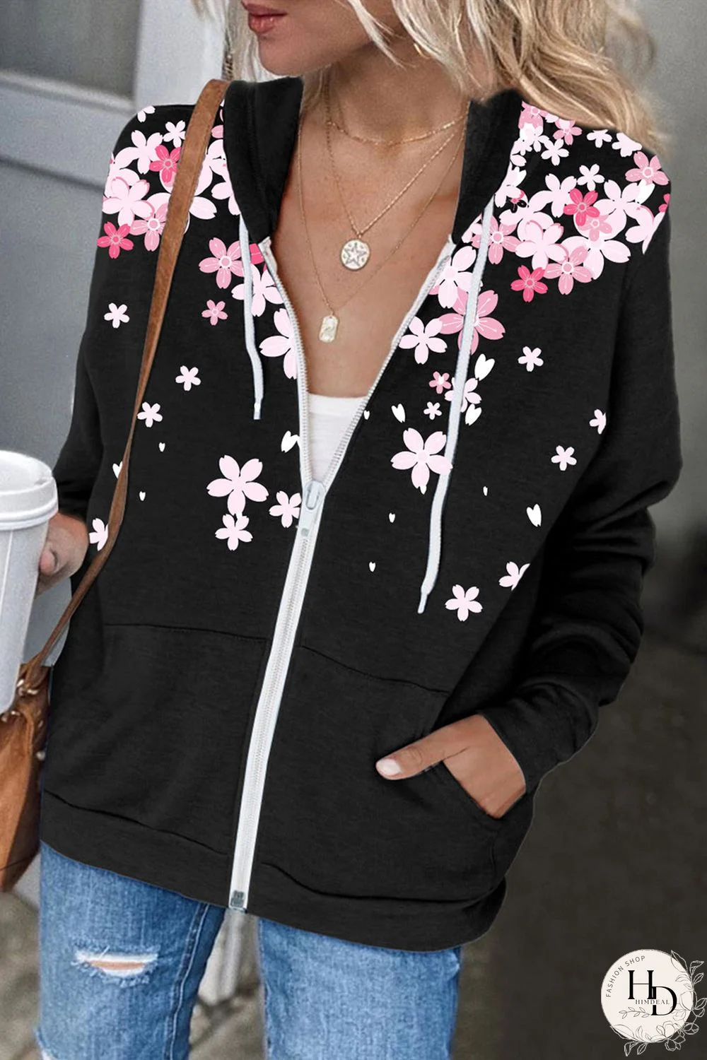 Black Cherry Blossoms Print Pocketed Zipped Hooded Coat