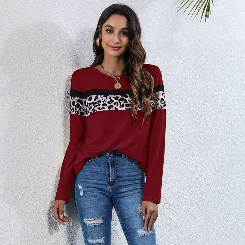 Women's Crew Neck Leopard Print Long Sleeve T-Shirt