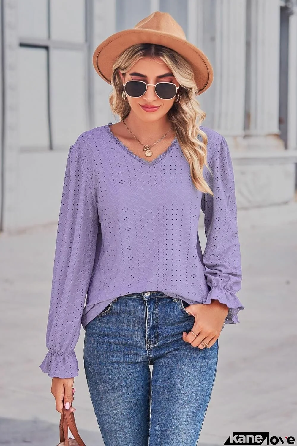 Lace Trim V-Neck Flounce Sleeve Top
